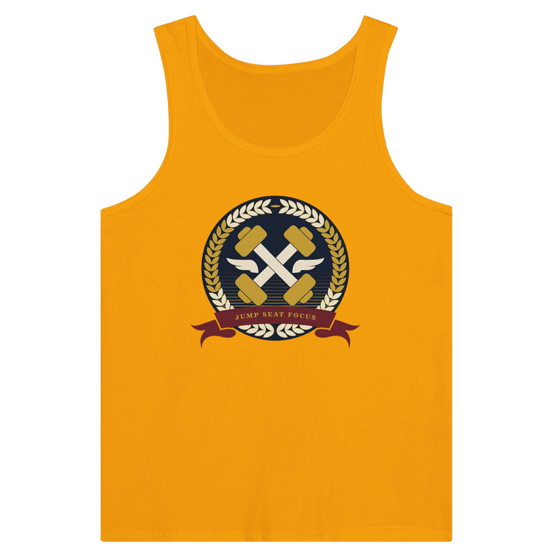 Dumbbells & Hotels unisex tank top with the Jump Seat Focus crest (gold laurel ring, crossed dumbbells over aviator wings, burgundy ribbon) - product shot 3 of 18