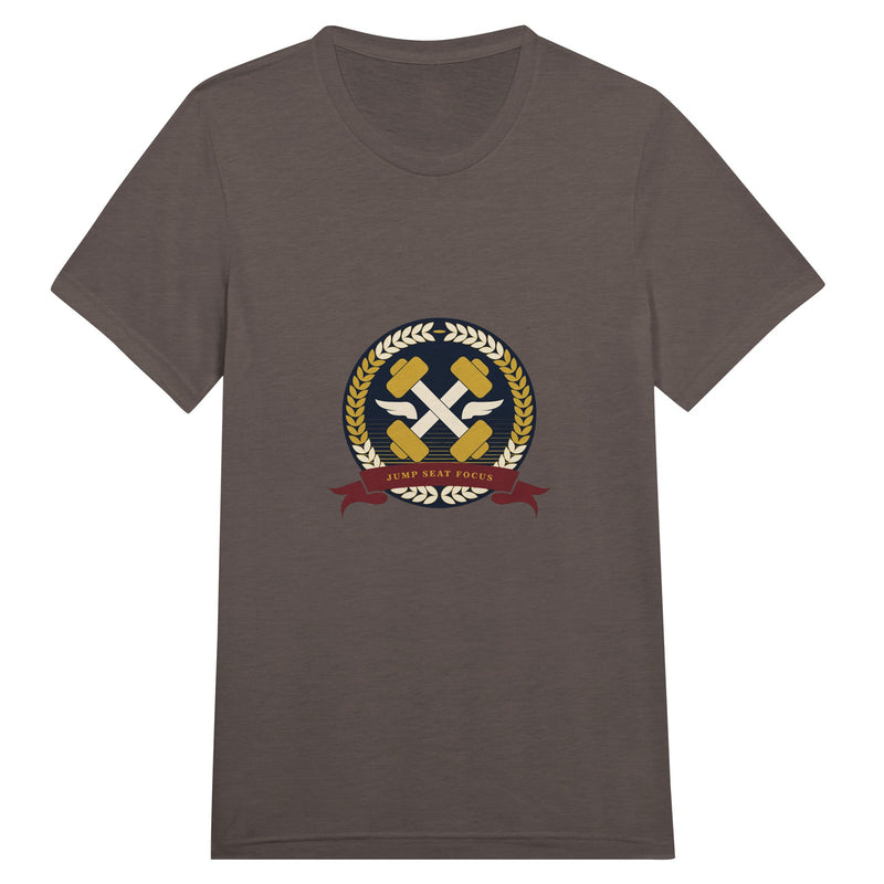 Dumbbells & Hotels unisex triblend tee with the Jump Seat Focus crest (gold laurel ring, crossed dumbbells over aviator wings, burgundy ribbon) - product shot 9 of 19