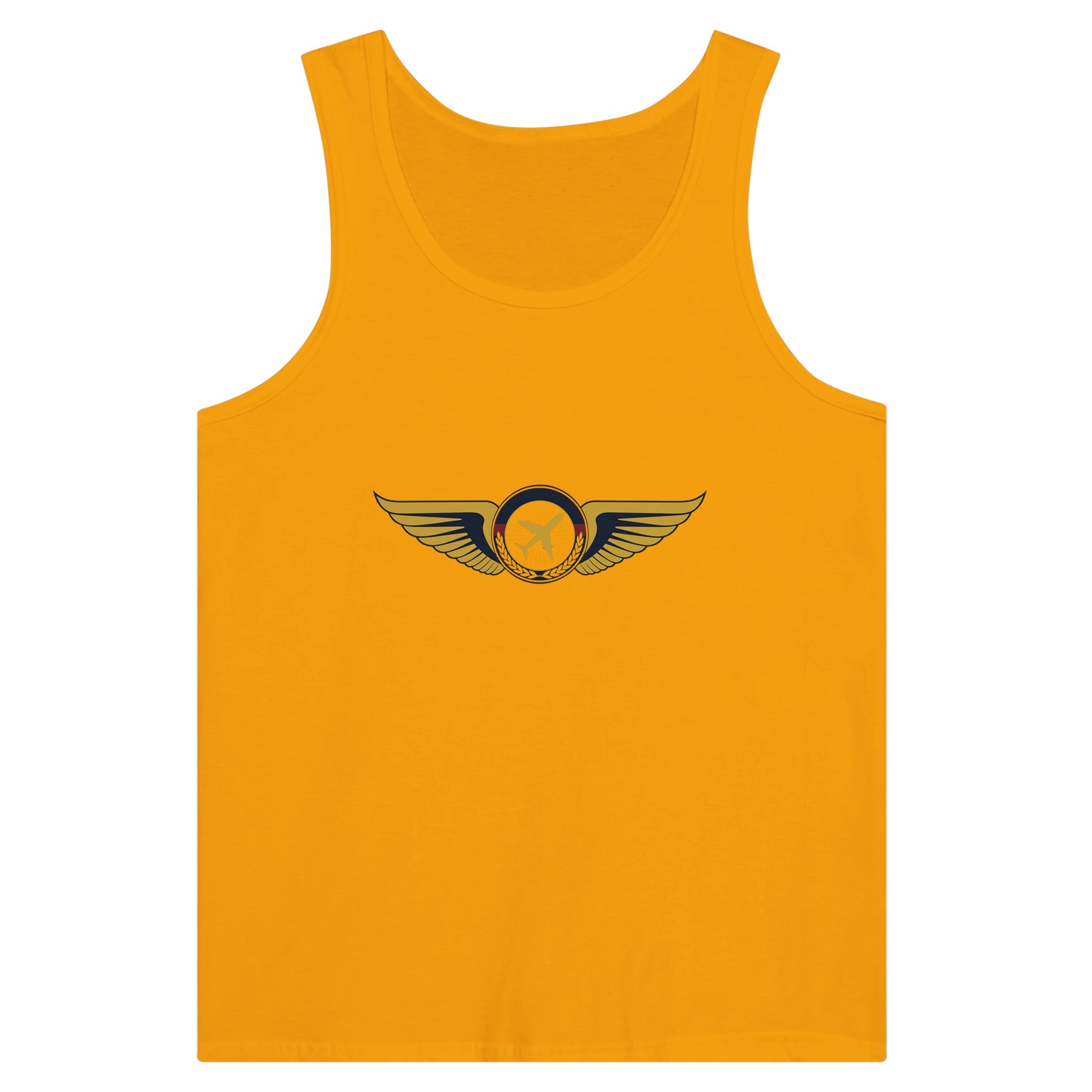 Aviator Wings unisex premium travel tank top, detail view 3 — Dumbbells & Hotels