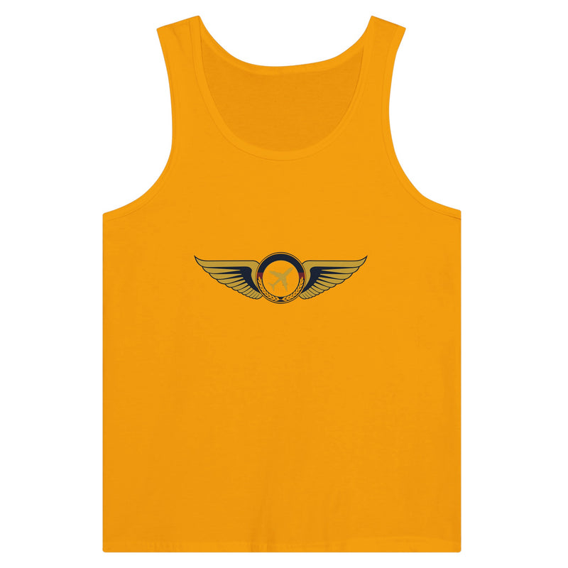 Aviator Wings unisex premium travel tank top, detail view 3 — Dumbbells & Hotels