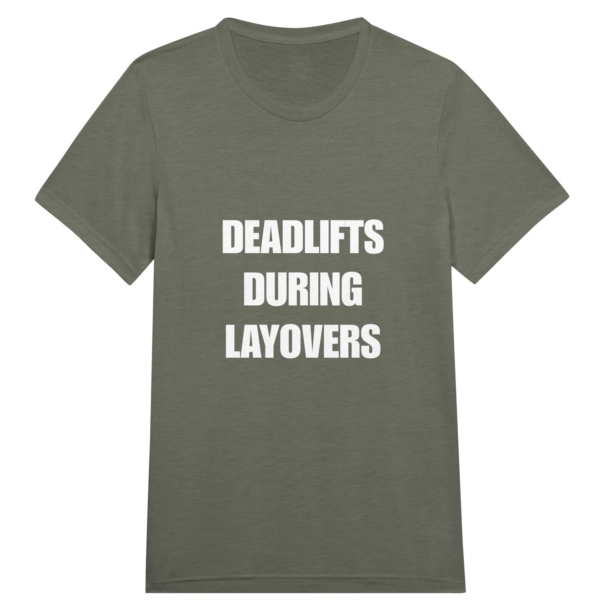 Deadlifts During Layovers travel workout tee — road warrior training in the hotel gym | Dumbbells & Hotels