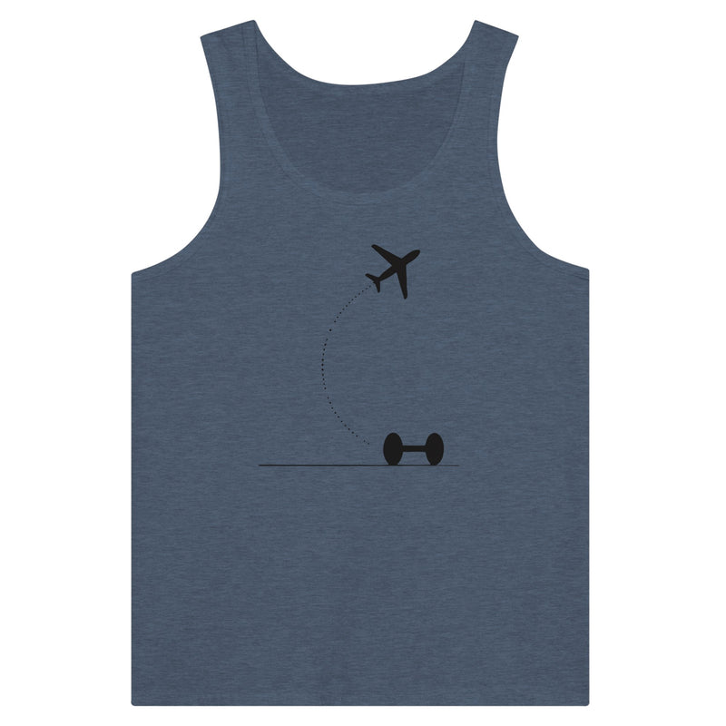 Heather Navy Hotel Key, Fitness Key travel tank, flight-path dumbbell design