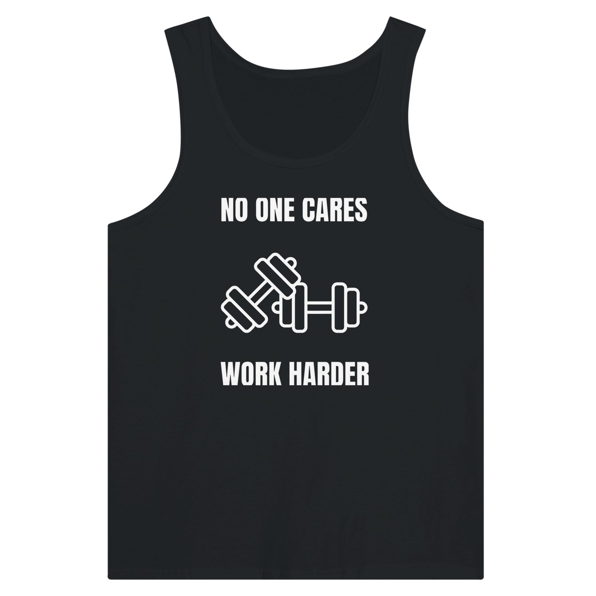 No One Cares. Work Harder dark-edition tank — designed by pilots, built for discipline on the road | Dumbbells & Hotels