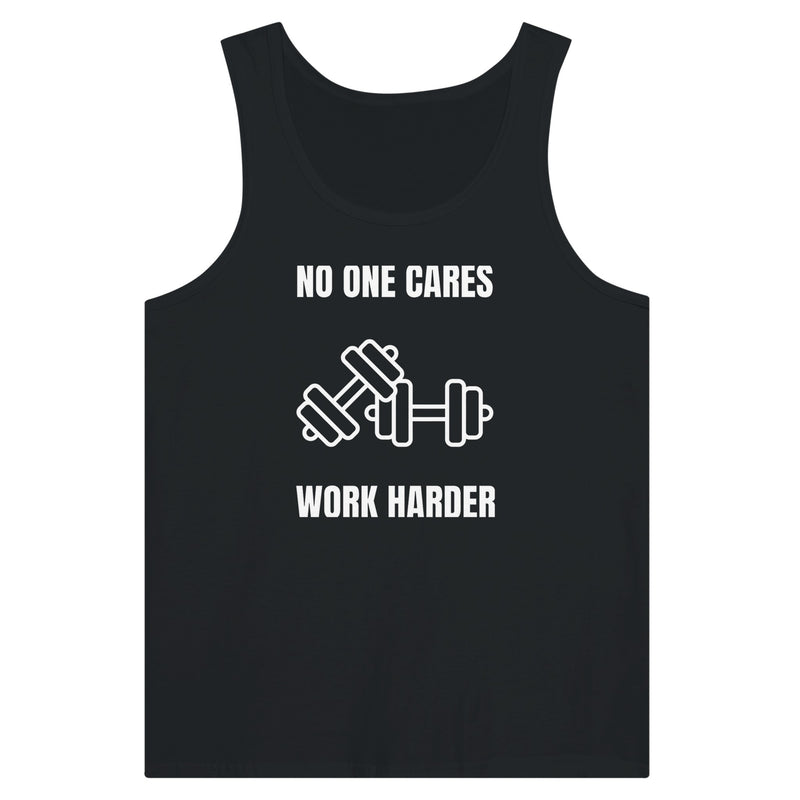 No One Cares. Work Harder dark-edition tank — designed by pilots, built for discipline on the road | Dumbbells & Hotels