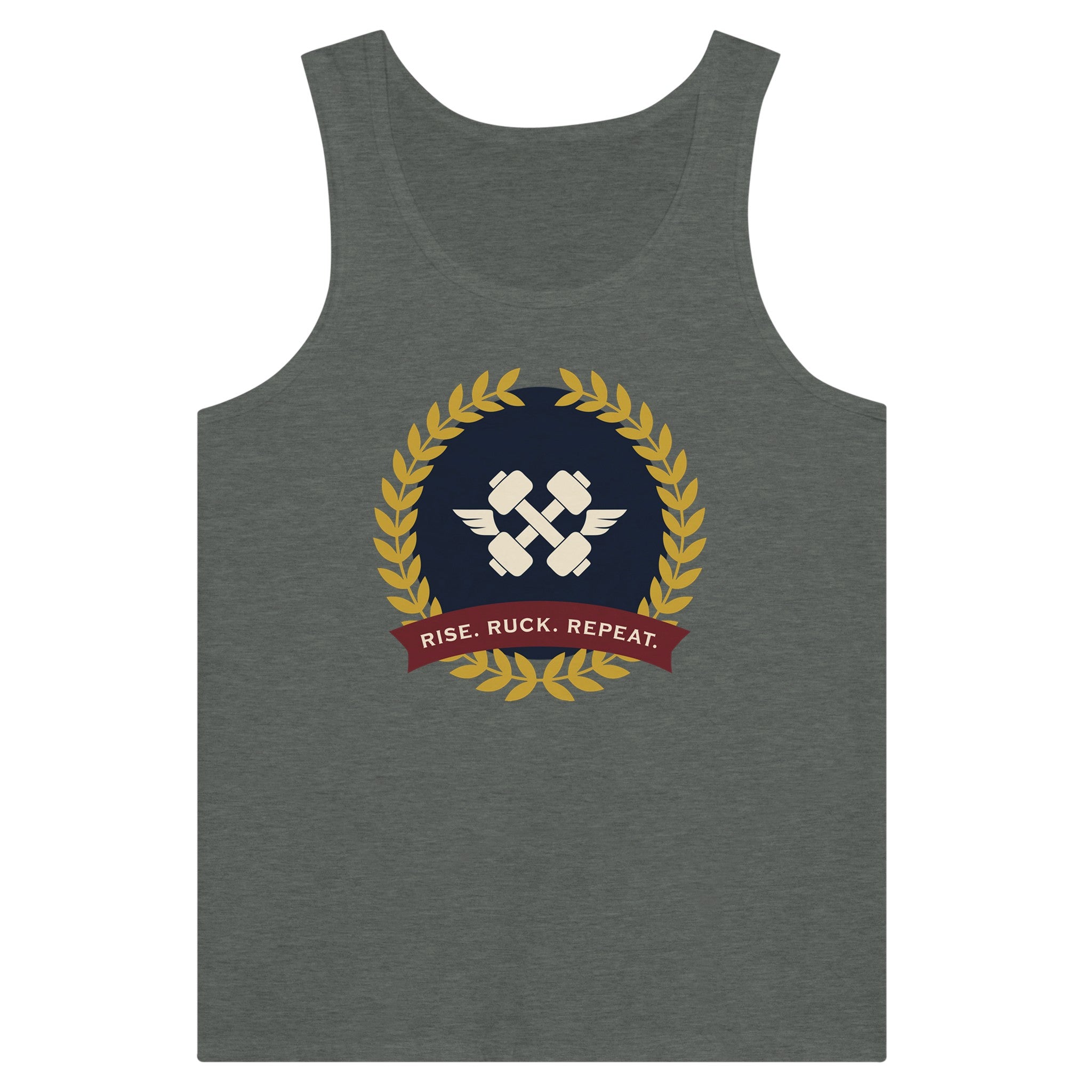 Rise. Ruck. Repeat. artwork detail on a unisex tank top designed for hotel gyms and long layovers
