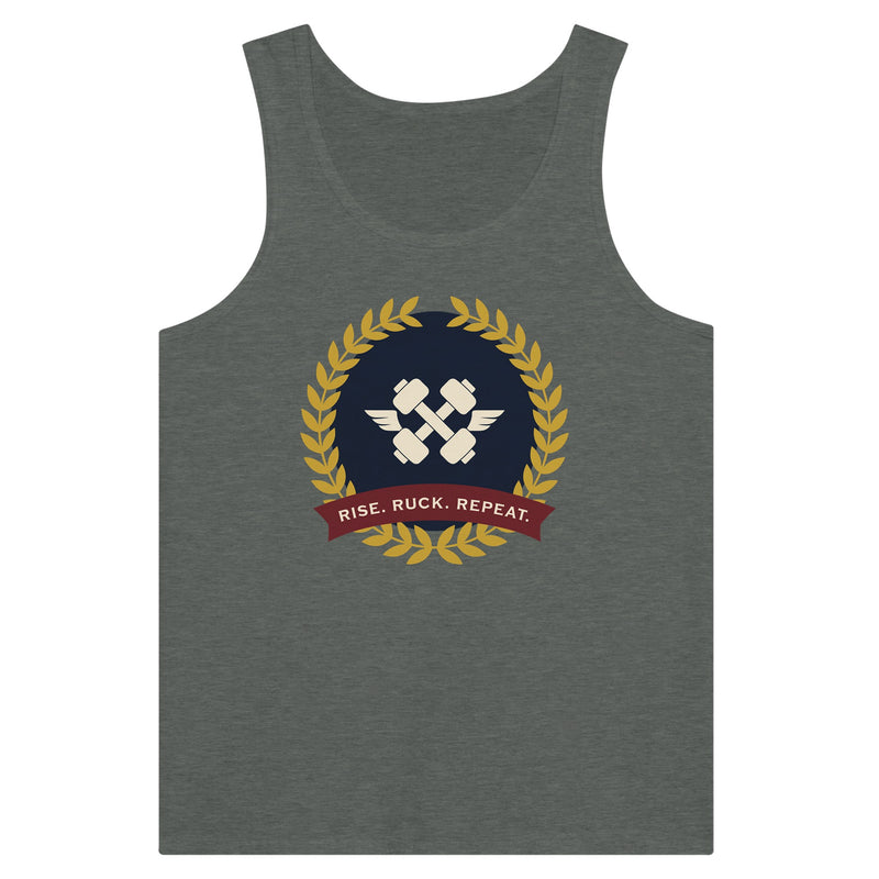 Rise. Ruck. Repeat. artwork detail on a unisex tank top designed for hotel gyms and long layovers