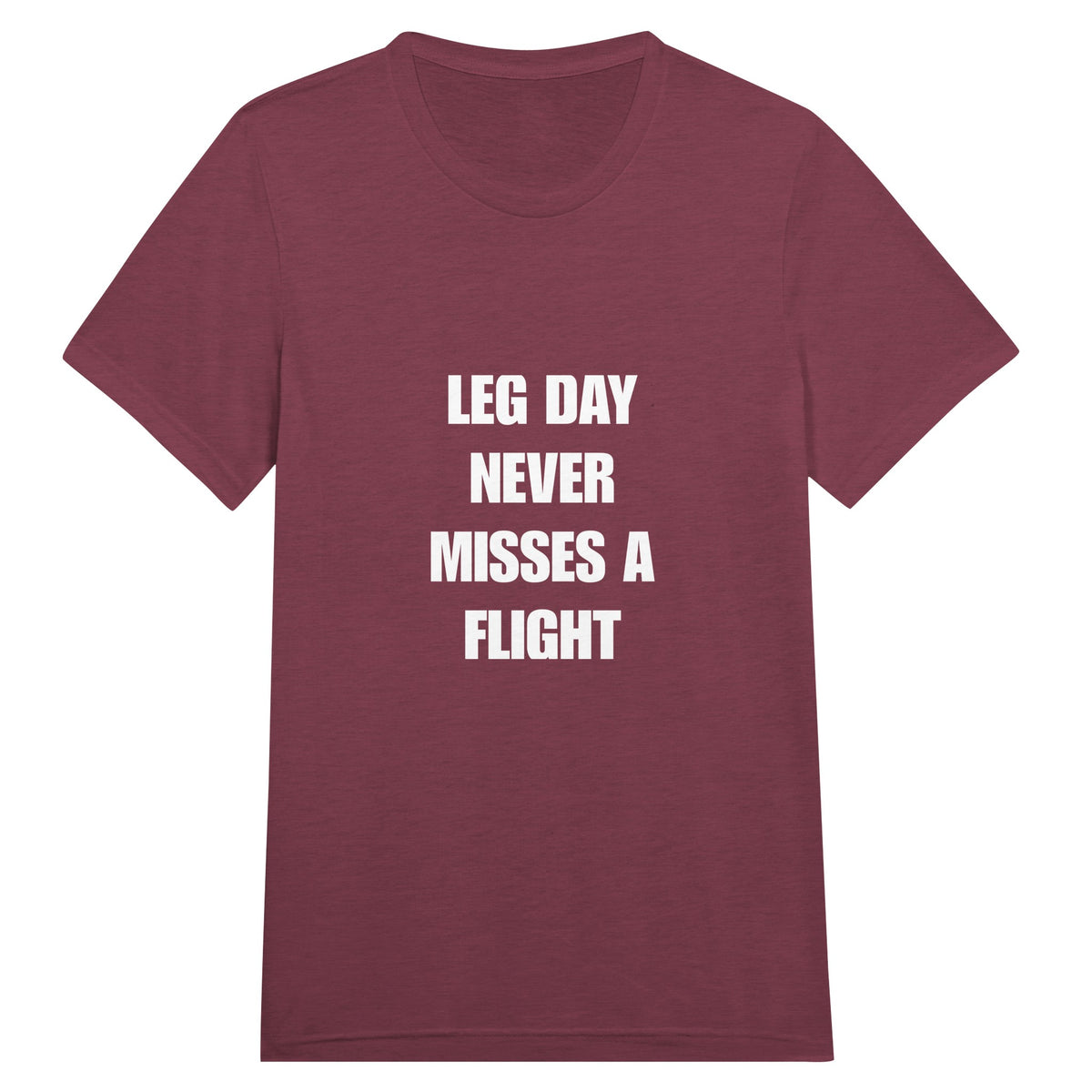 Leg Day Never Misses a Flight unisex triblend tee for travelling professionals, printed with a laurel-wreath crest with crossed dumbbells, aviator wings and a LEG DAY NEVER MISSES A FLIGHT ribbon — product photo 12 of 19
