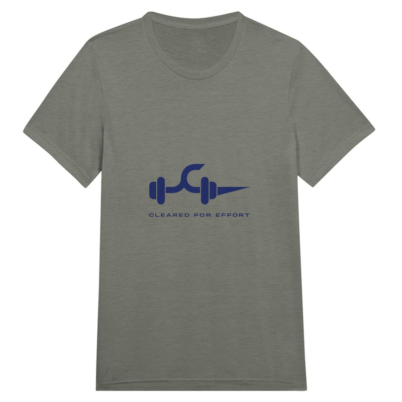 Cleared for Effort unisex travel tee, dumbbell and flight-path graphic, front view