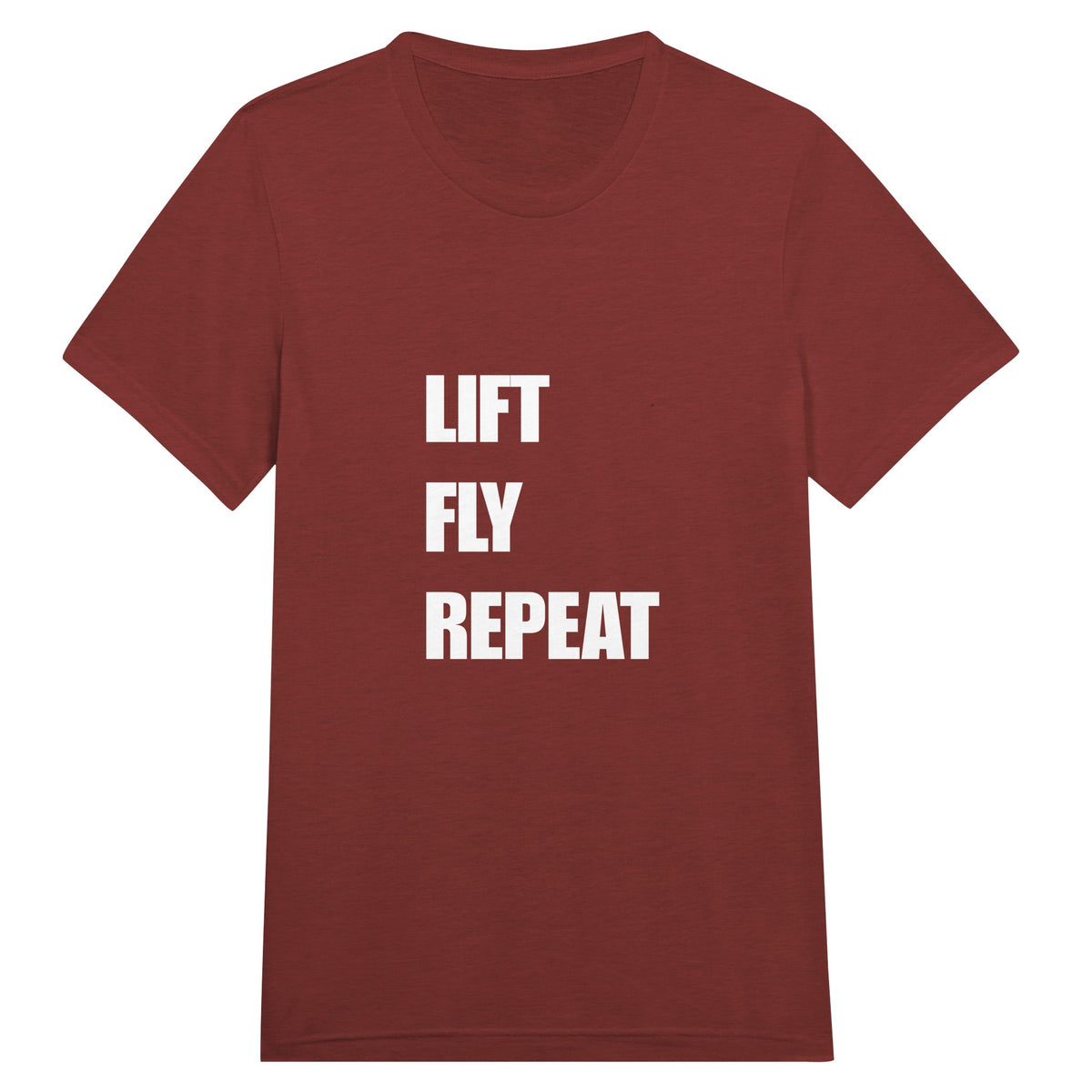 Lift Fly Repeat unisex triblend tee for travelling professionals, printed with a laurel-wreath crest with crossed dumbbells, aviator wings and a LIFT. FLY. REPEAT. ribbon — product photo 5 of 19