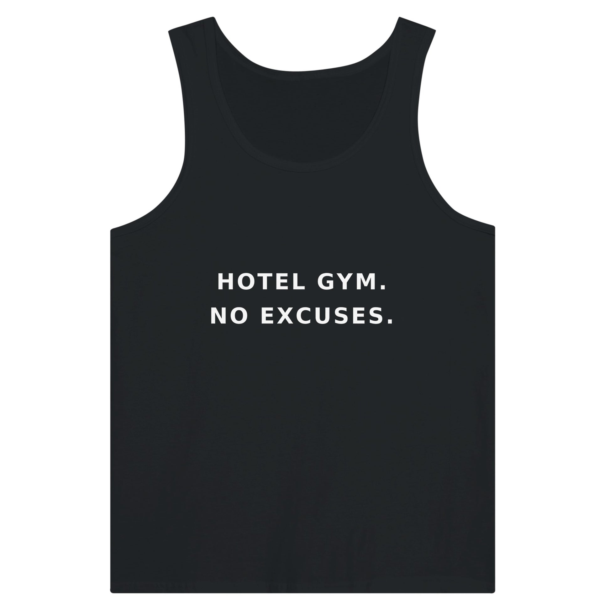 men's premium travel tank with white Hotel Gym. No Excuses. statement print for hotel gym sessions