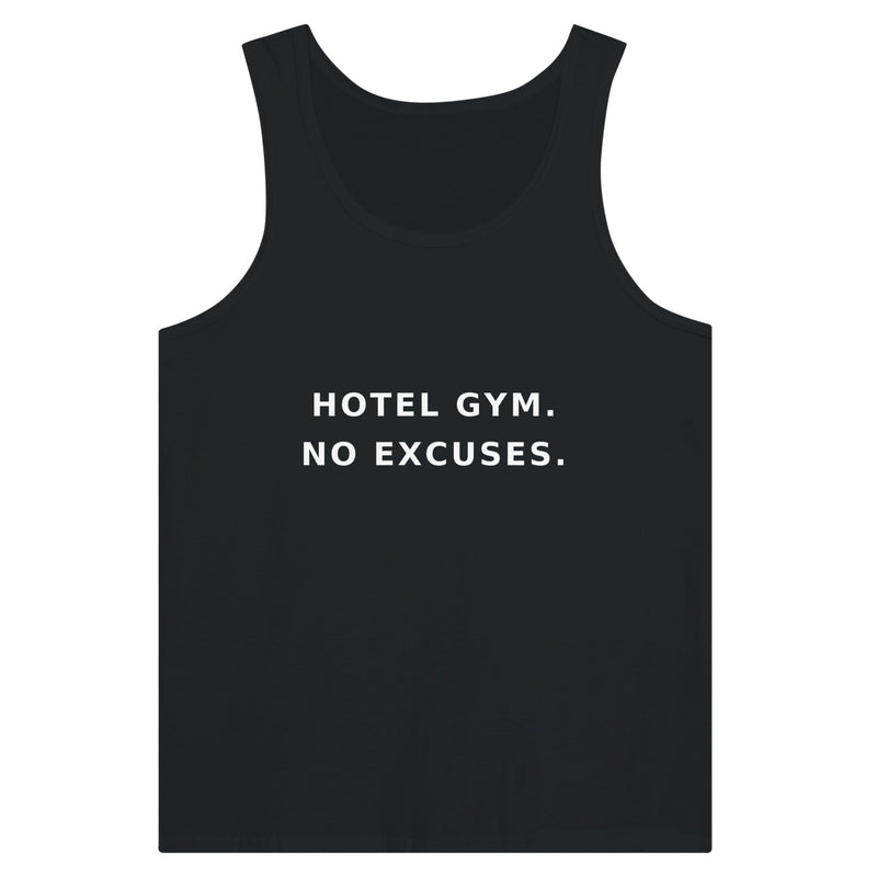 men's premium travel tank with white Hotel Gym. No Excuses. statement print for hotel gym sessions