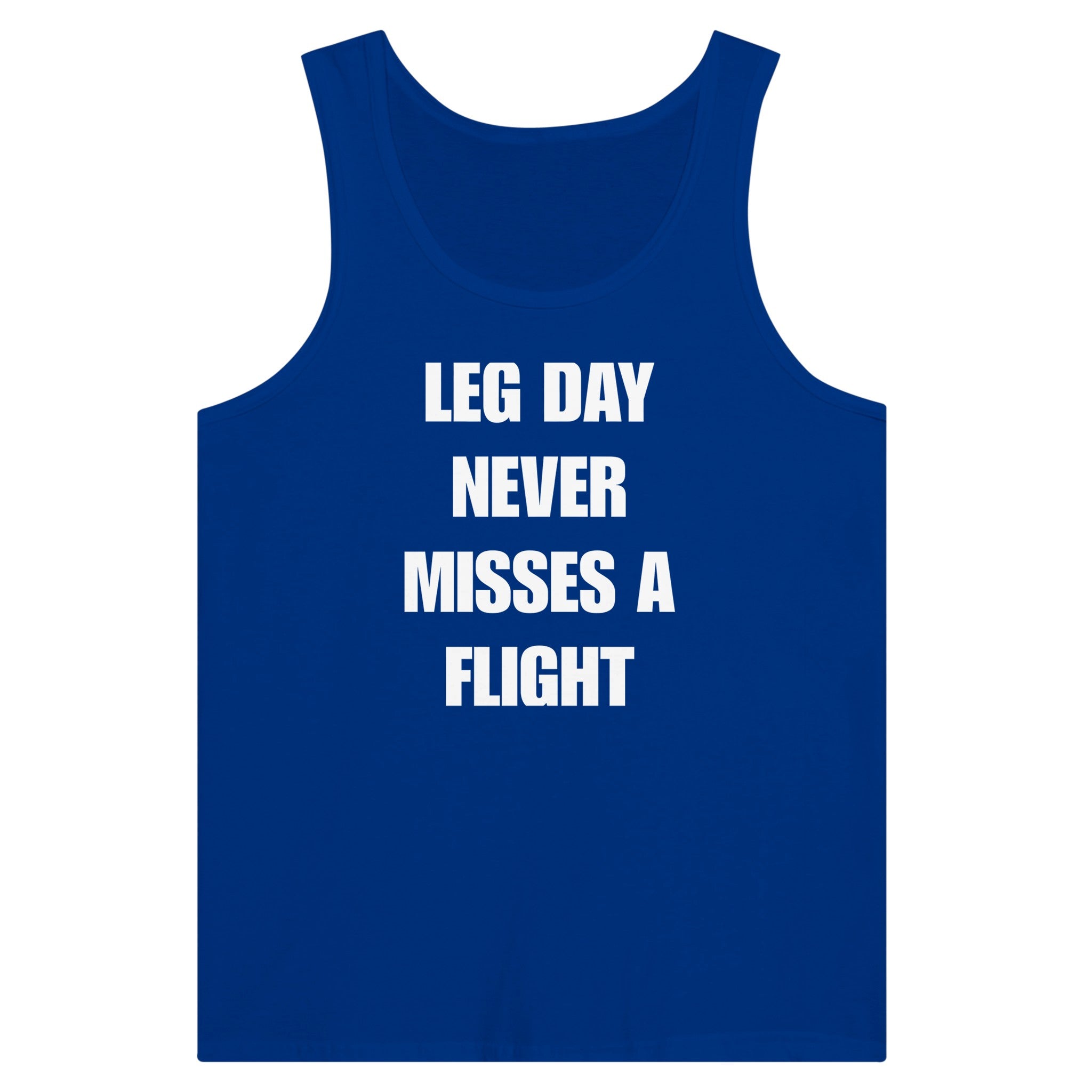 men's travel tank with white Leg Day Never Misses a Flight print on dark fabric, product view 4
