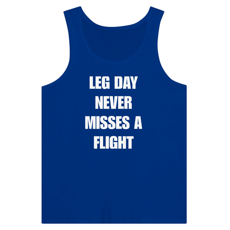 men's travel tank with white Leg Day Never Misses a Flight print on dark fabric, product view 4