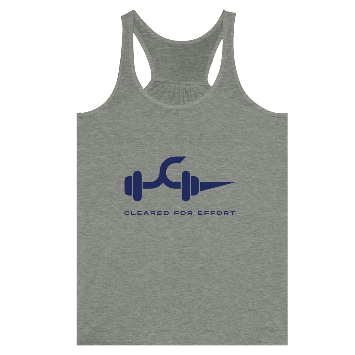 Cleared for Effort racerback tank, dumbbell and flight-path graphic, front view