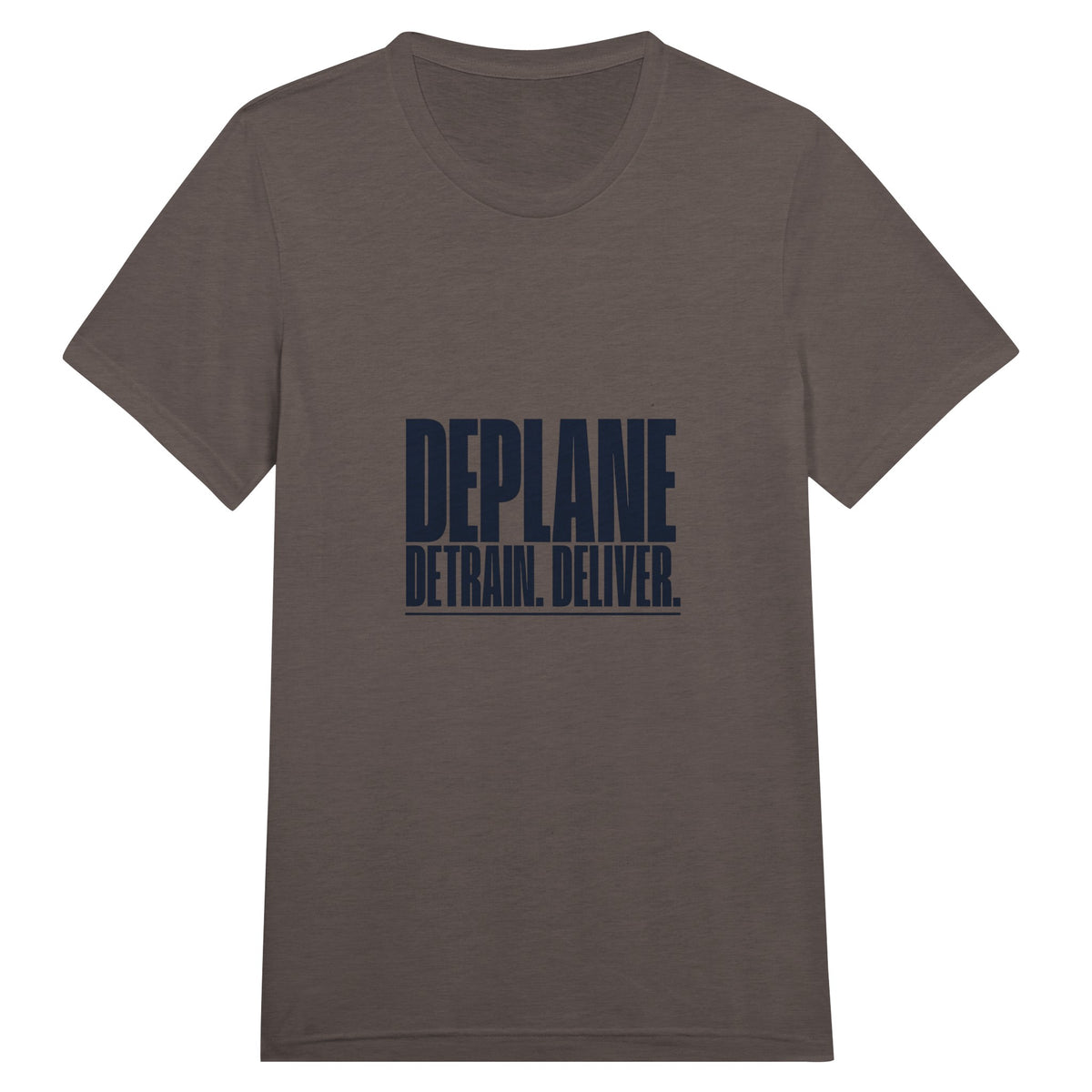 Deplane. Detrain. Deliver. travel tee, Dumbbells and Hotels, colorway flat lay