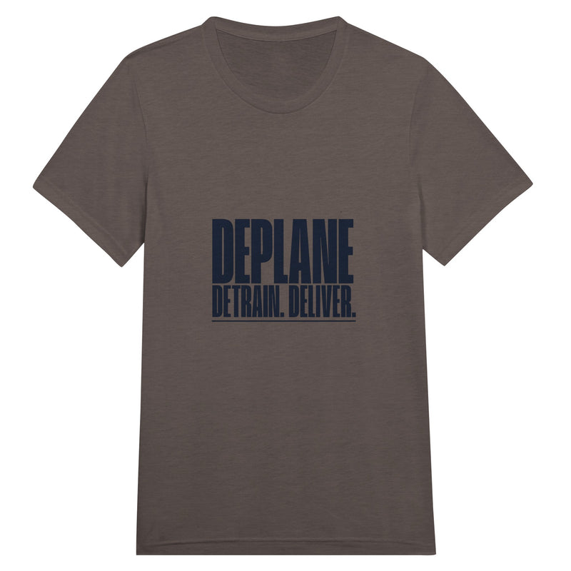 Deplane. Detrain. Deliver. travel tee, Dumbbells and Hotels, colorway flat lay