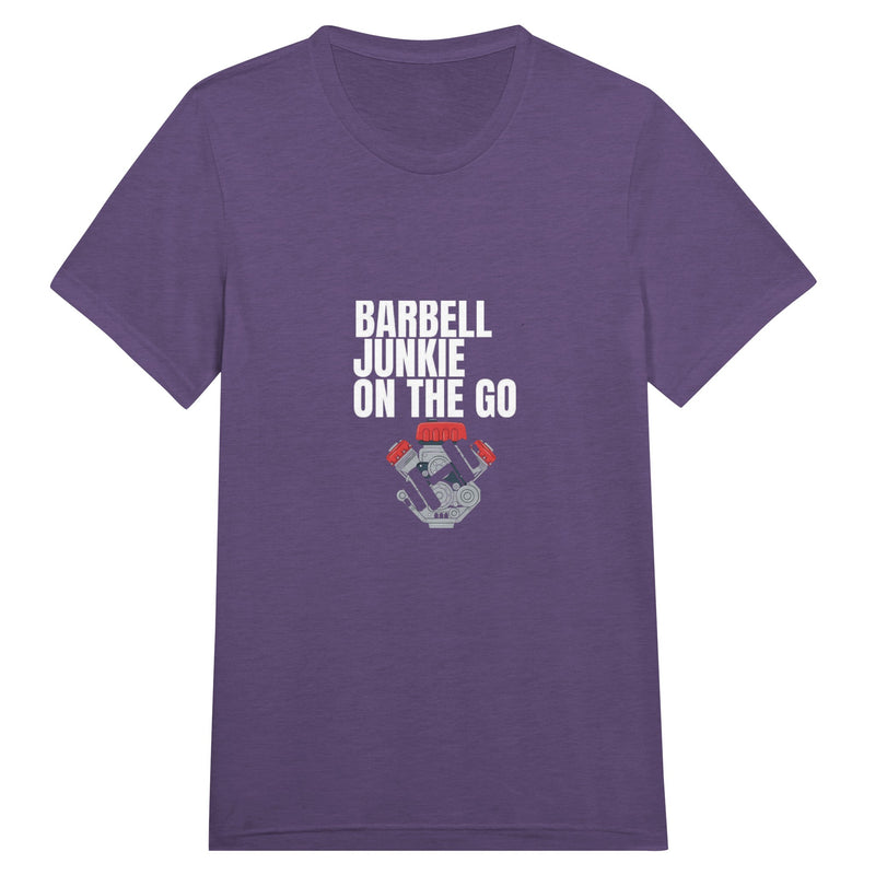 Barbell Junkie on the Go unisex classic travel tee by Dumbbells & Hotels — road warrior gym apparel