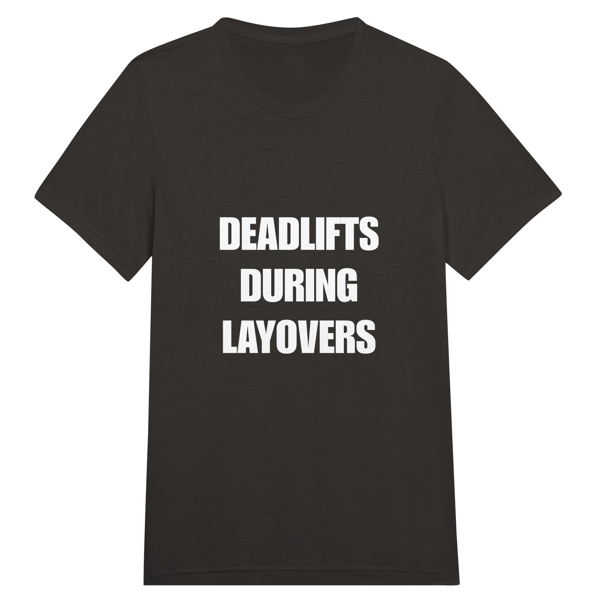Deadlifts During Layovers travel workout tee — wrinkle-resistant gear that packs flat for the carry-on | Dumbbells & Hotels