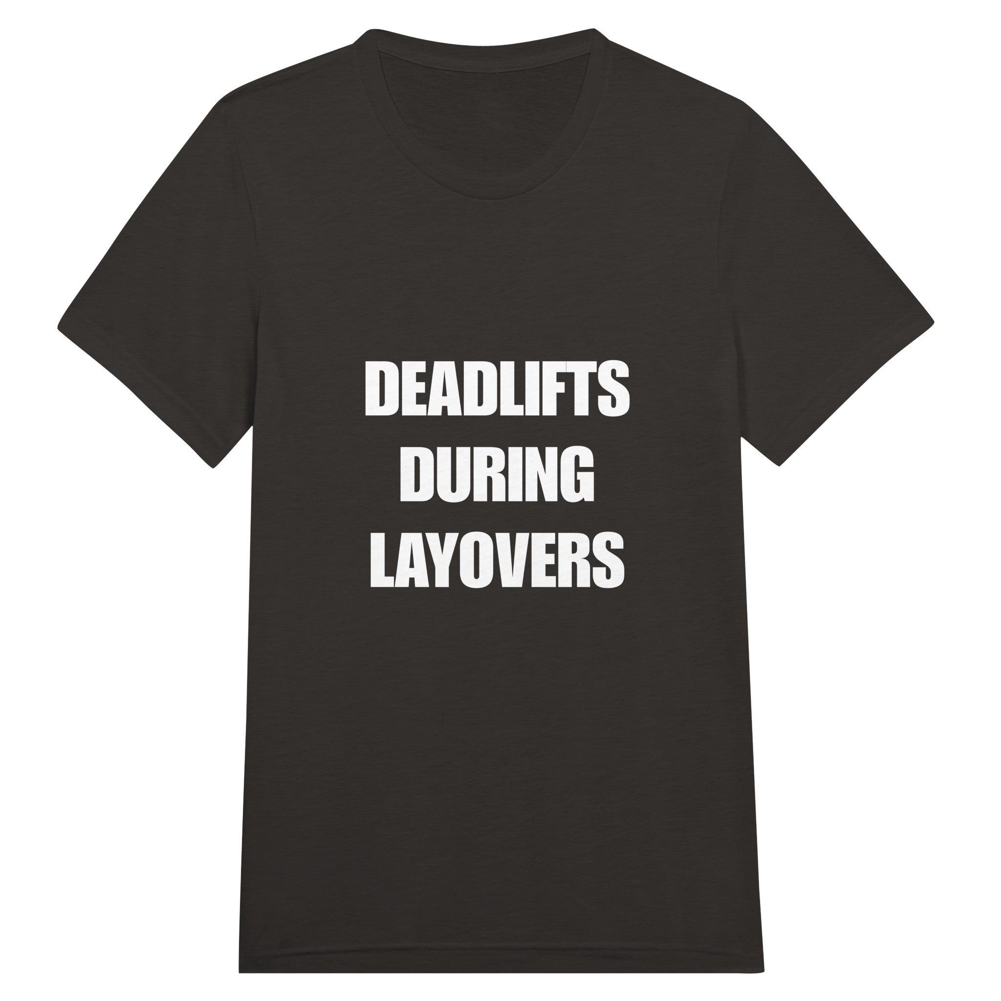 Deadlifts During Layovers travel workout tee — wrinkle-resistant gear that packs flat for the carry-on | Dumbbells & Hotels