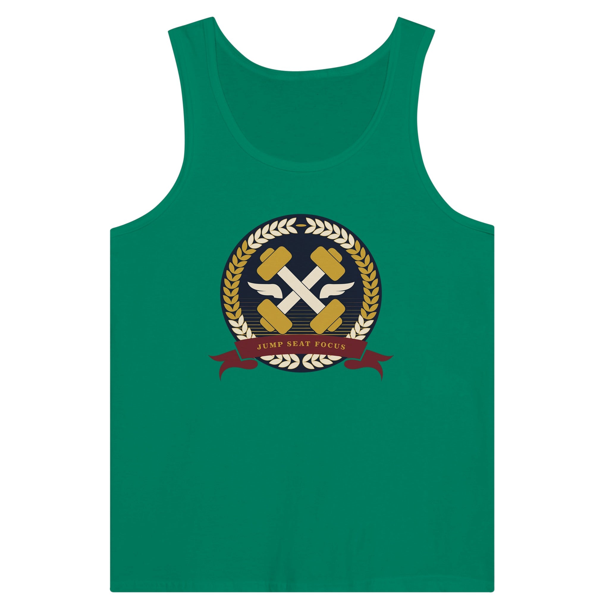 Dumbbells & Hotels unisex tank top with the Jump Seat Focus crest (gold laurel ring, crossed dumbbells over aviator wings, burgundy ribbon) - product shot 2 of 18