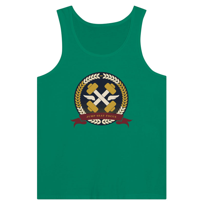 Dumbbells & Hotels unisex tank top with the Jump Seat Focus crest (gold laurel ring, crossed dumbbells over aviator wings, burgundy ribbon) - product shot 2 of 18
