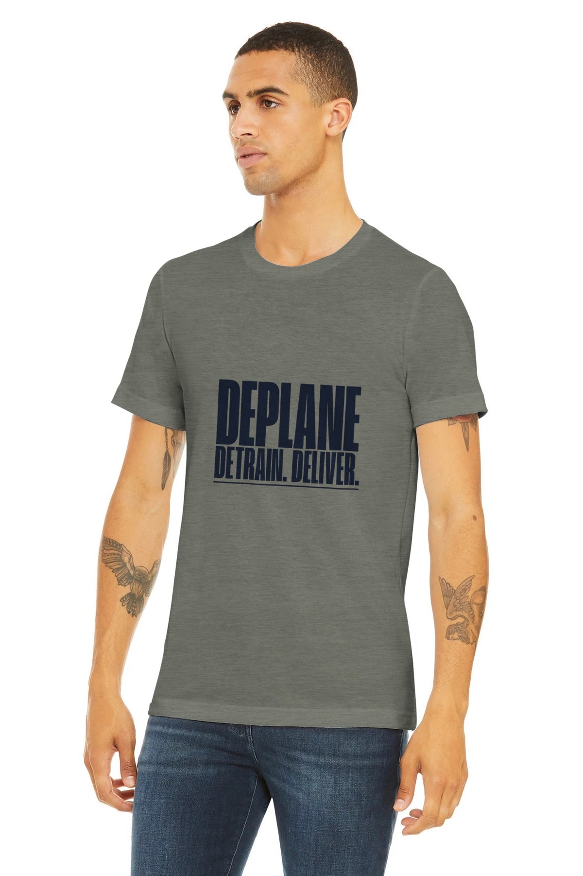 Deplane. Detrain. Deliver. travel tee, Dumbbells and Hotels, colorway flat lay