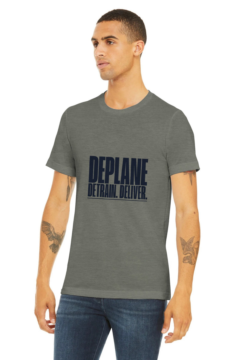 Deplane. Detrain. Deliver. travel tee, Dumbbells and Hotels, colorway flat lay