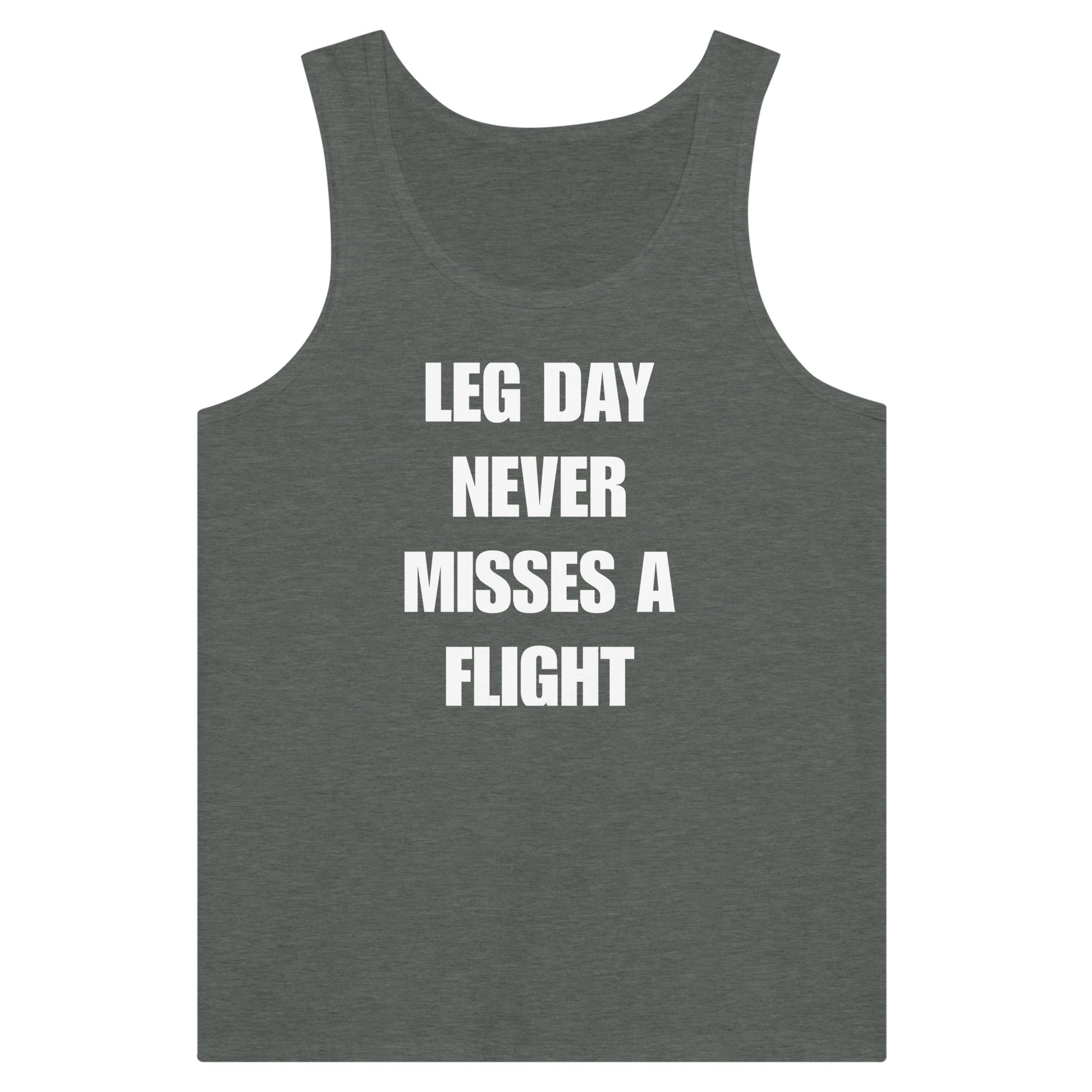 men's travel tank with white Leg Day Never Misses a Flight print on dark fabric, product view 12