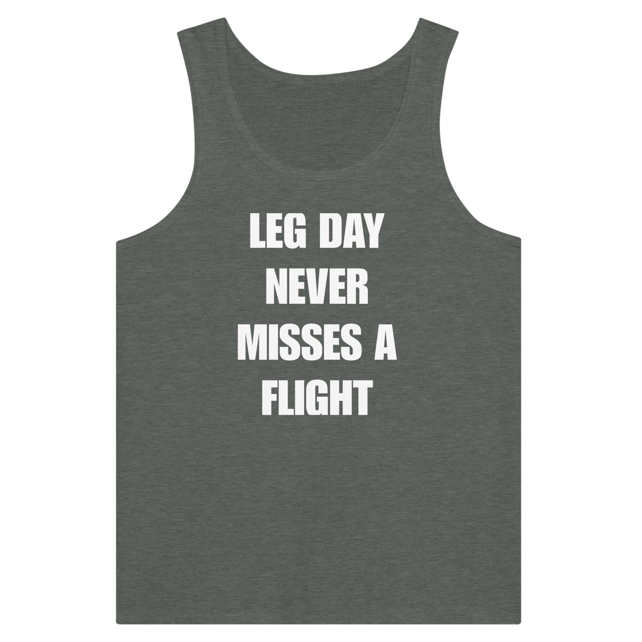men's travel tank with white Leg Day Never Misses a Flight print on dark fabric, product view 12