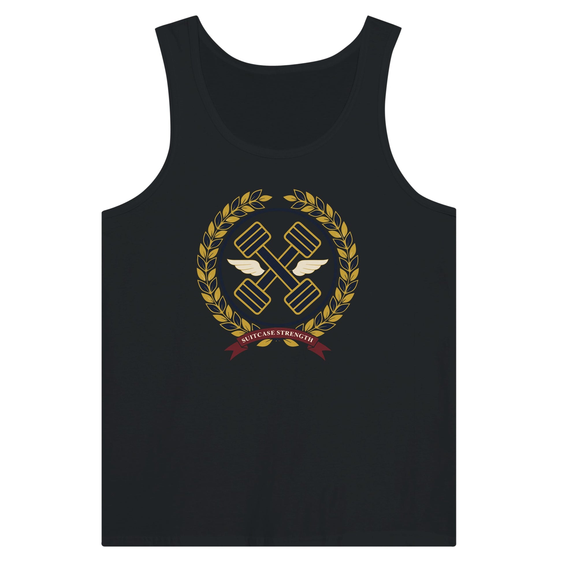 Suitcase Strength unisex premium tank top for travelling professionals, printed with a gold laurel-wreath crest with navy crossed dumbbells, cream aviator wings and a SUITCASE STRENGTH ribbon — product photo 8 of 18