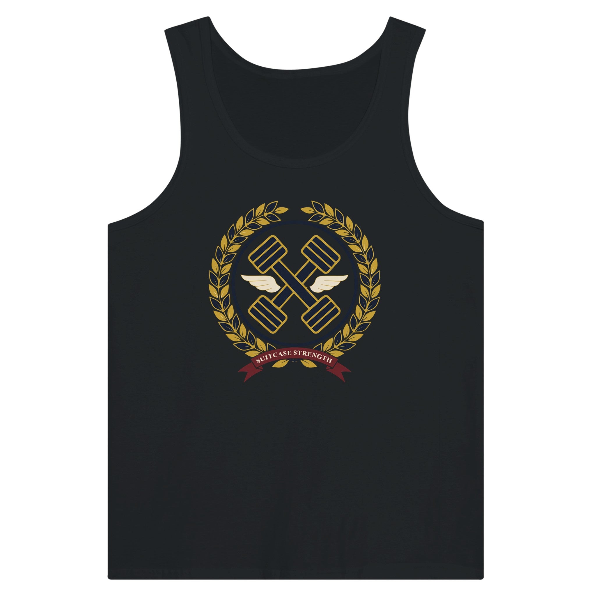 Suitcase Strength unisex premium tank top for travelling professionals, printed with a gold laurel-wreath crest with navy crossed dumbbells, cream aviator wings and a SUITCASE STRENGTH ribbon — product photo 8 of 18