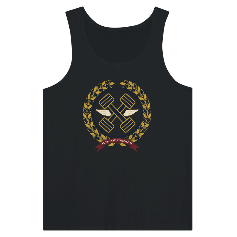 Suitcase Strength unisex premium tank top for travelling professionals, printed with a gold laurel-wreath crest with navy crossed dumbbells, cream aviator wings and a SUITCASE STRENGTH ribbon — product photo 8 of 18