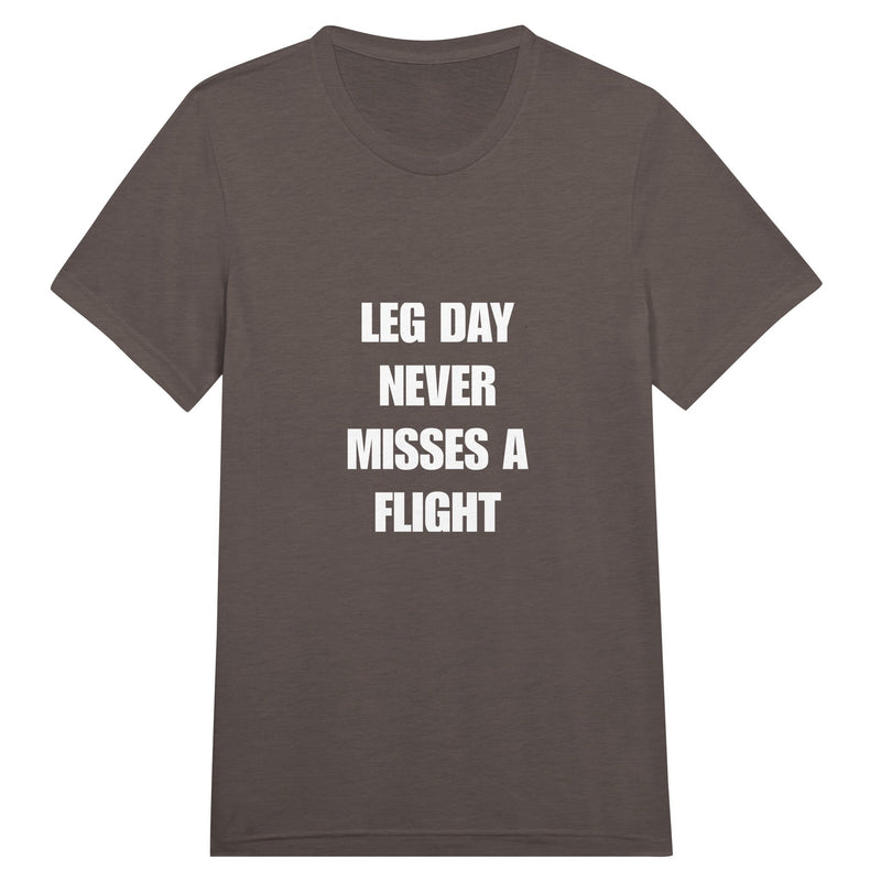 Leg Day Never Misses a Flight unisex triblend tee for travelling professionals, printed with a laurel-wreath crest with crossed dumbbells, aviator wings and a LEG DAY NEVER MISSES A FLIGHT ribbon — product photo 9 of 19
