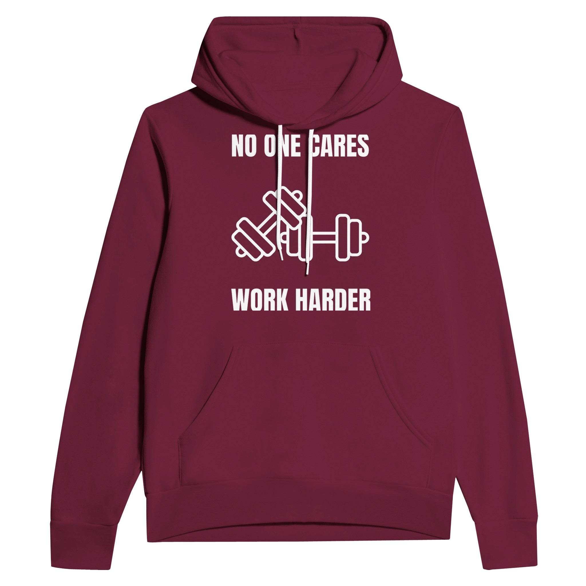 No One Cares. Work Harder sponge fleece hoodie — flight-tested travel fitness apparel for the road warrior | Dumbbells & Hotels