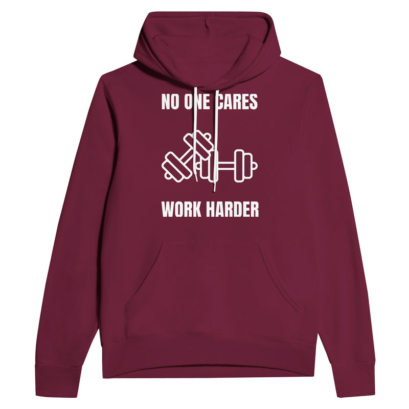 No One Cares. Work Harder sponge fleece hoodie — flight-tested travel fitness apparel for the road warrior | Dumbbells & Hotels
