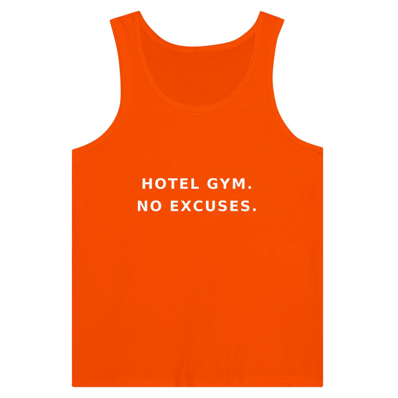 men's premium travel tank with white Hotel Gym. No Excuses. statement print for hotel gym sessions