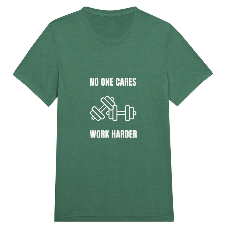 unisex triblend travel tee with white No One Cares. Work Harder. crossed-dumbbells print, styled for hotel gym training