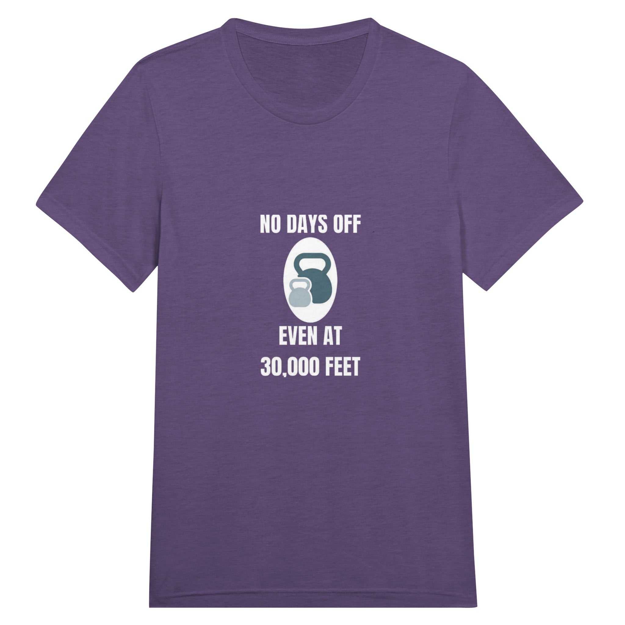 No Days Off Even at 30,000 Feet unisex triblend tee in Purple Triblend — packable travel training apparel from Dumbbells & Hotels
