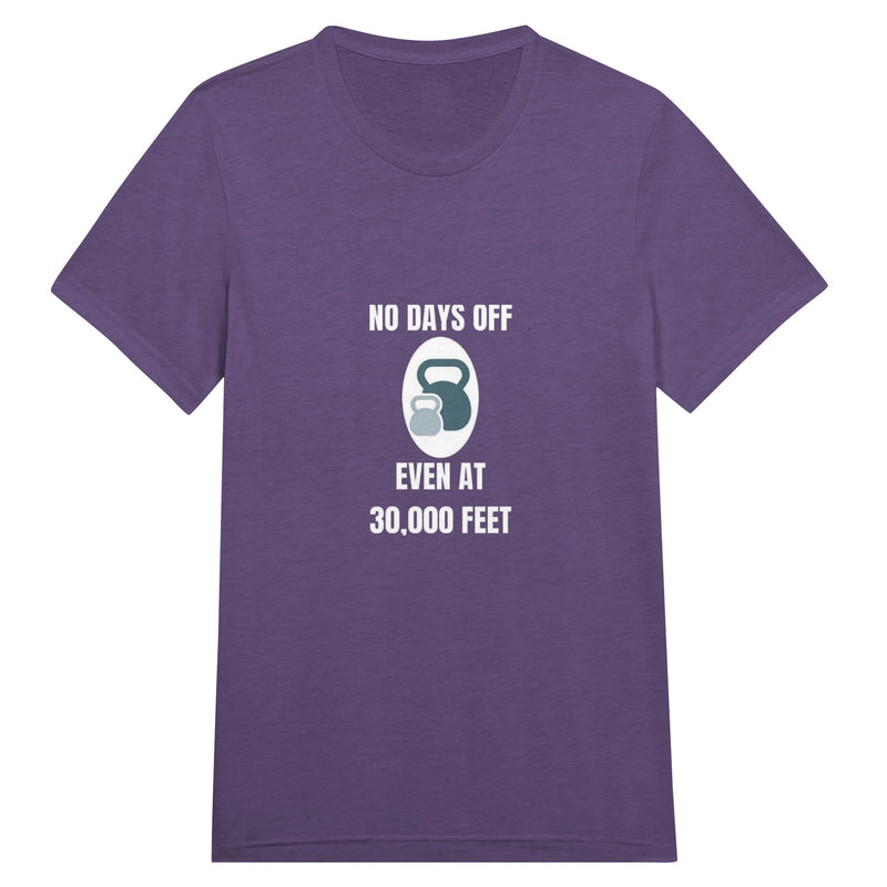 No Days Off Even at 30,000 Feet unisex triblend tee in Purple Triblend — packable travel training apparel from Dumbbells & Hotels