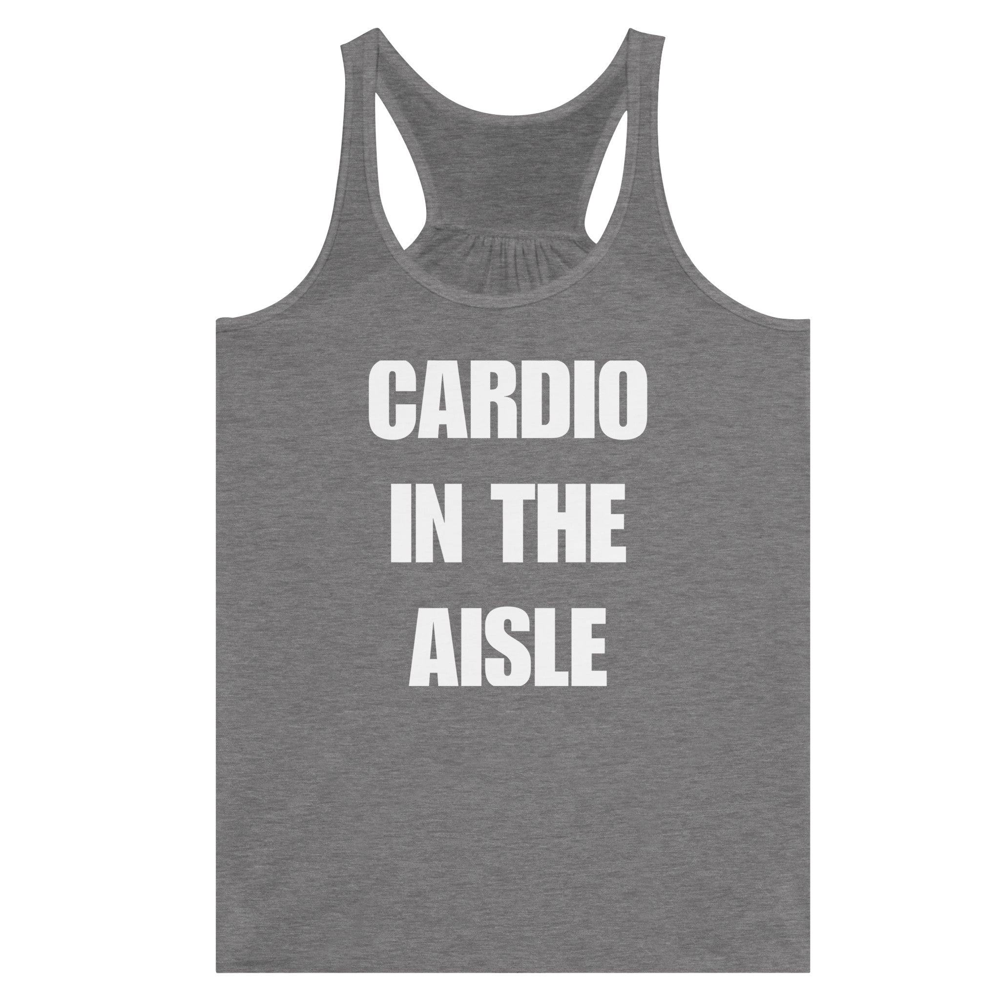 women's racerback tank front view with white Cardio in the Aisle graphic, Dumbbells & Hotels