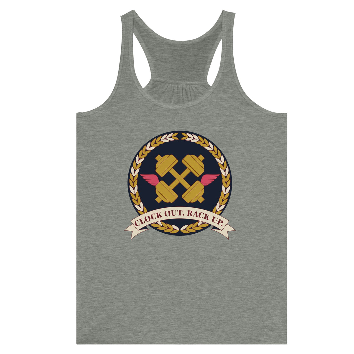 Clock Out. Rack Up. crest design on a Dumbbells and Hotels women's racerback tank