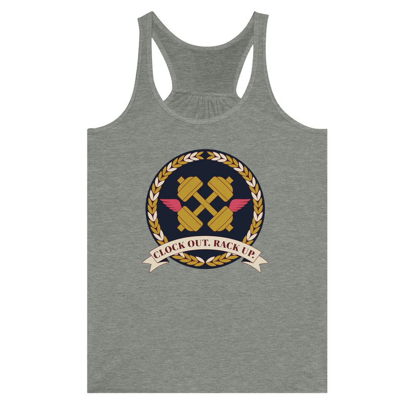 Clock Out. Rack Up. crest design on a Dumbbells and Hotels women's racerback tank