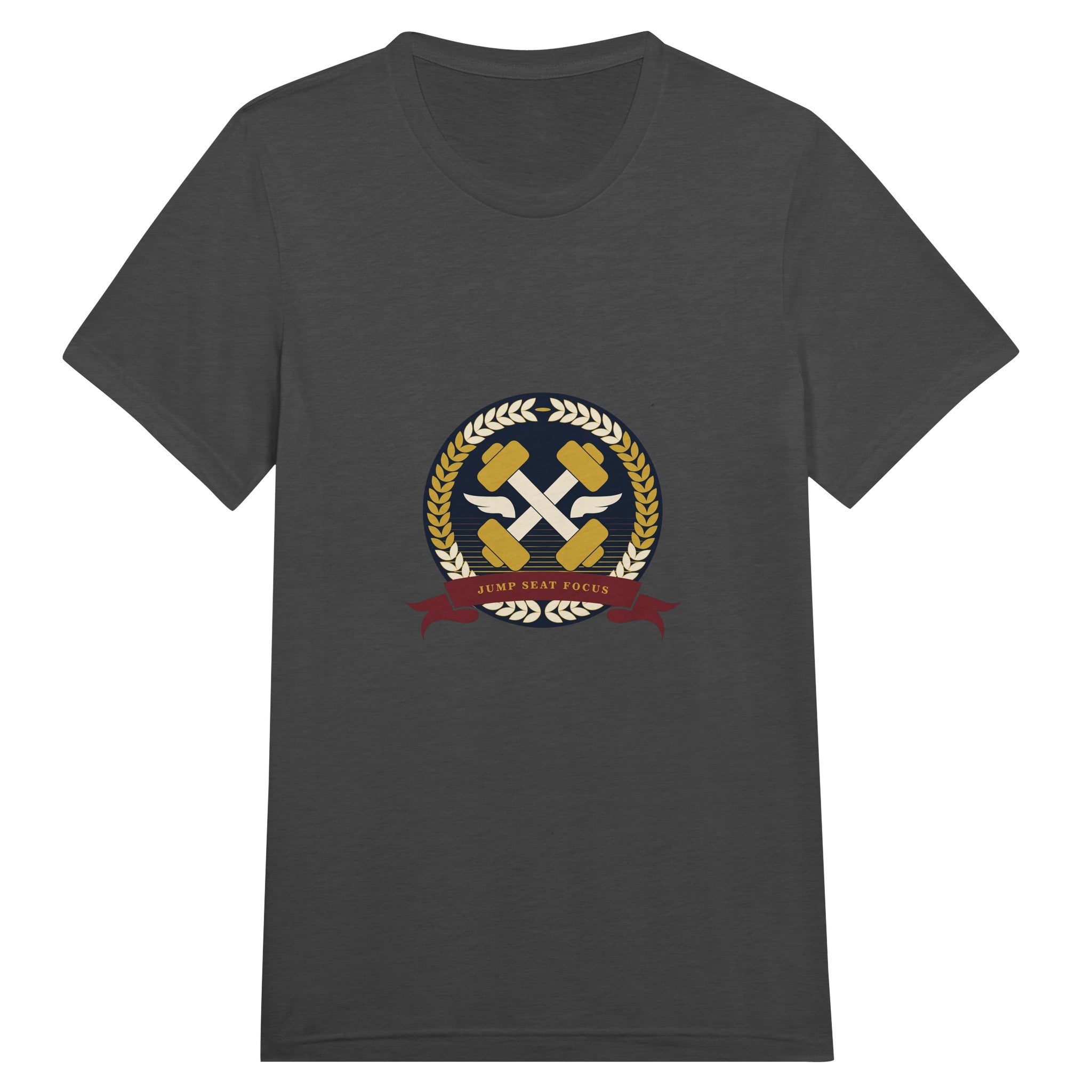 Dumbbells & Hotels unisex triblend tee with the Jump Seat Focus crest (gold laurel ring, crossed dumbbells over aviator wings, burgundy ribbon) - product shot 10 of 19