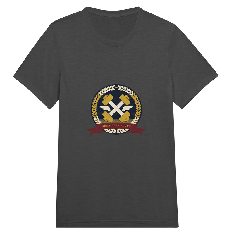 Dumbbells & Hotels unisex triblend tee with the Jump Seat Focus crest (gold laurel ring, crossed dumbbells over aviator wings, burgundy ribbon) - product shot 10 of 19