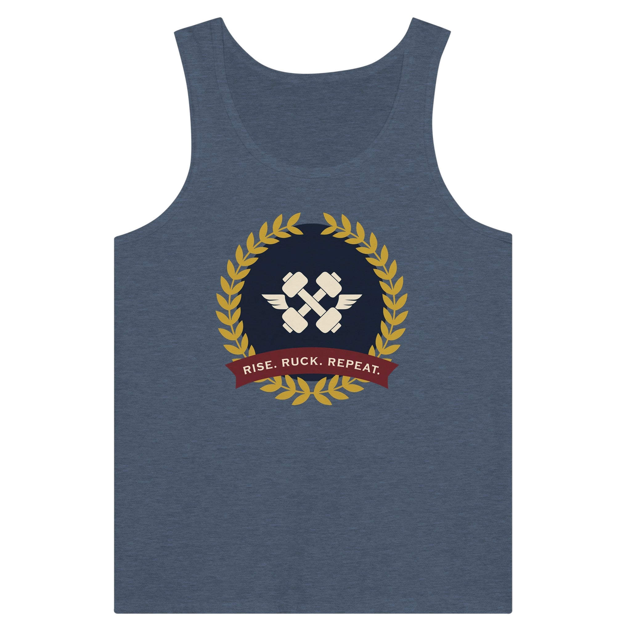 Rise. Ruck. Repeat. artwork detail on a unisex tank top designed for hotel gyms and long layovers