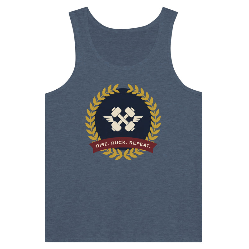 Rise. Ruck. Repeat. artwork detail on a unisex tank top designed for hotel gyms and long layovers
