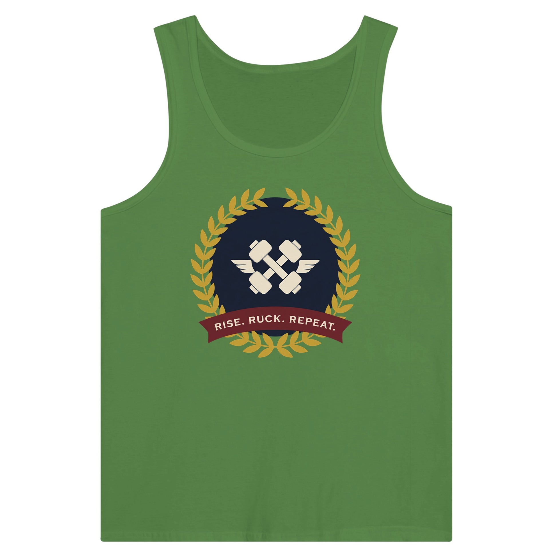 Rise. Ruck. Repeat. artwork detail on a unisex tank top designed for hotel gyms and long layovers