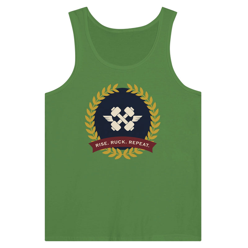 Rise. Ruck. Repeat. artwork detail on a unisex tank top designed for hotel gyms and long layovers