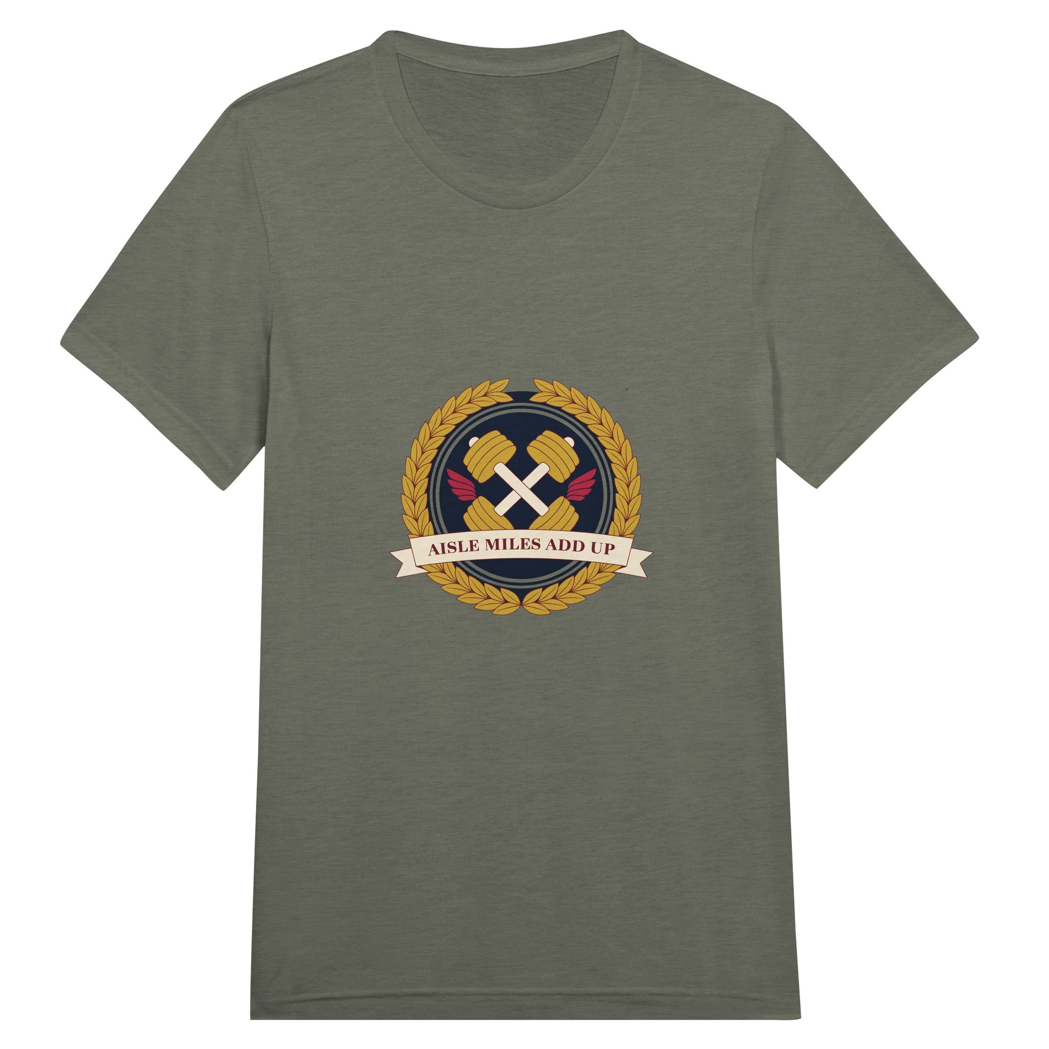 Aisle Miles Add Up frequent flyer travel tee, flat lay 14 — Dumbbells & Hotels