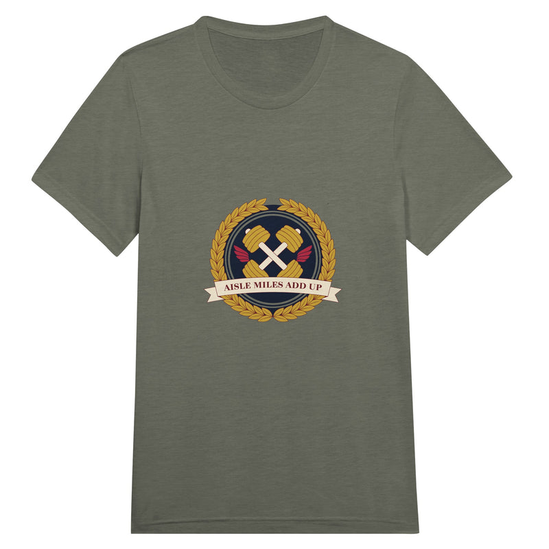 Aisle Miles Add Up frequent flyer travel tee, flat lay 14 — Dumbbells & Hotels
